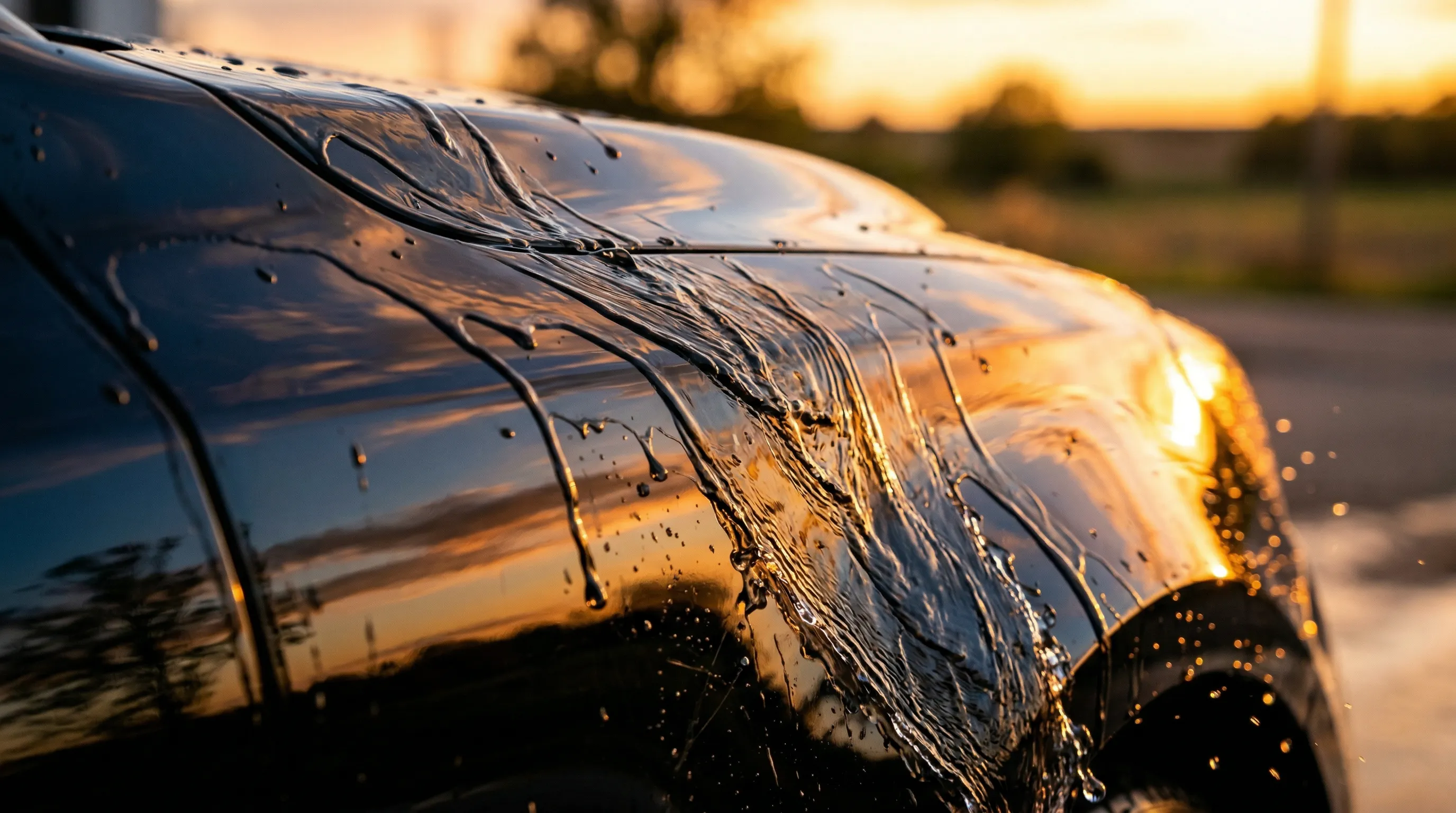 Carro preto polido com água escorrendo ao pôr do sol